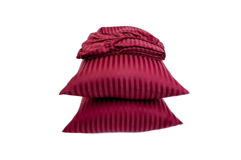 Striped Fitted Sheet Set - Fine Quality Hotels and Home Décor - 1 Fitted Sheet 100cm * 200cm + 2 Pillow Cases 50cm * 70cm - Matresses Up to 30cm - Brushed Cotton - Burgundy