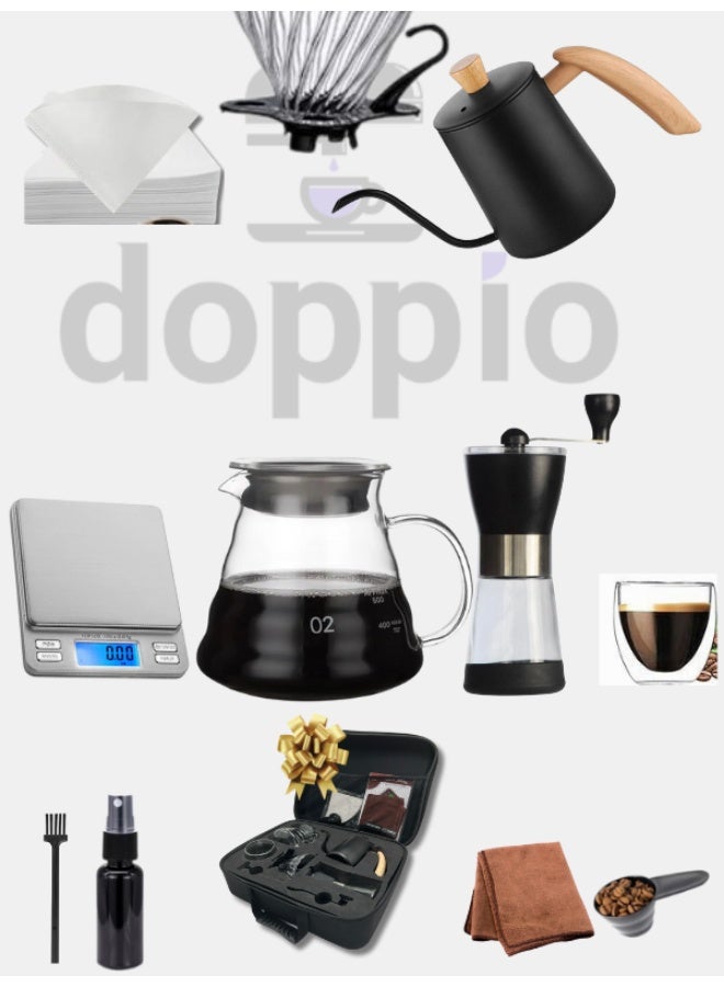 DOPPIO Electric 12 Pcs V60 Pour Over Manual Coffee Maker with Manual Grinder Dripper Set, Coffee Server Pot Size 02, V60 Glass Coffee Dripper with Wood Stand Dripper, Scale (Premium Kit) - Image 3