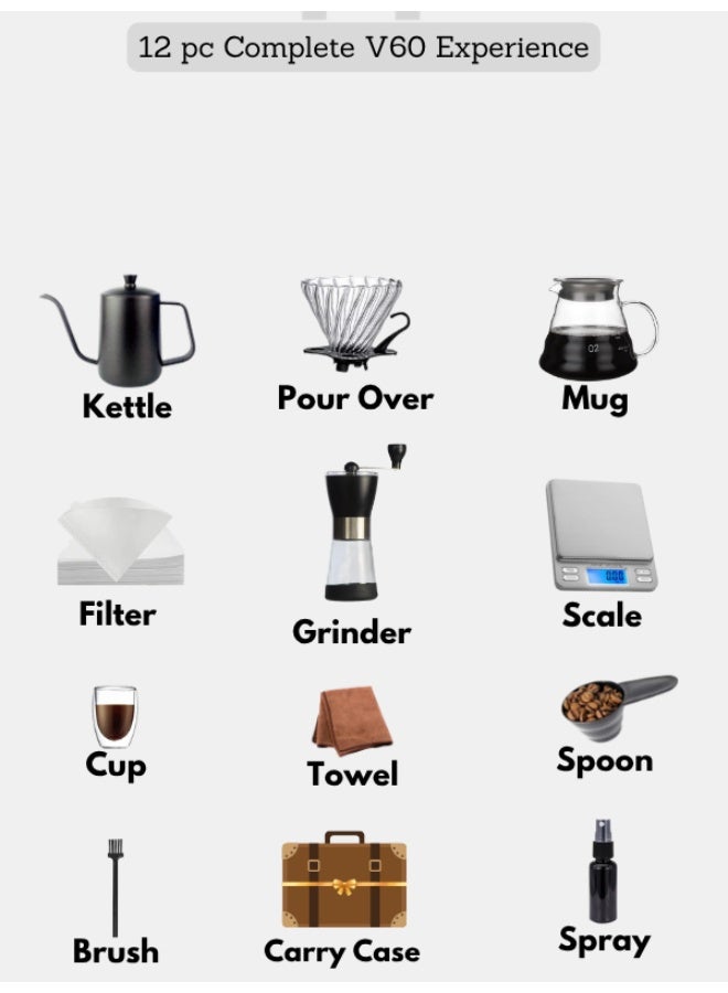 DOPPIO Electric 12 Pcs V60 Pour Over Manual Coffee Maker with Manual Grinder Dripper Set, Coffee Server Pot Size 02, V60 Glass Coffee Dripper with Wood Stand Dripper, Scale (Premium Kit) - Image 2