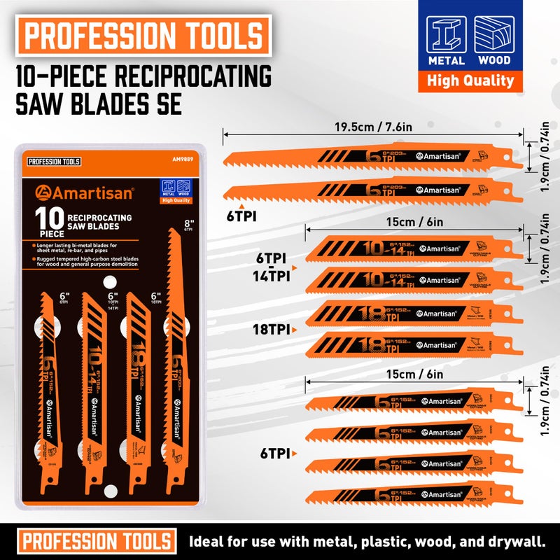 AMARTISAN 10-Piece Bi-Metal Reciprocating Saw Blade Set 6 to 8 Inch Used for Wood & Metal Cutting, Drywall, Plastic and Composite Materials - Image 2