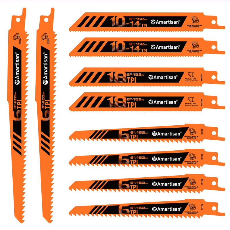 AMARTISAN 10-Piece Bi-Metal Reciprocating Saw Blade Set 6 to 8 Inch Used for Wood & Metal Cutting, Drywall, Plastic and Composite Materials - Image 1