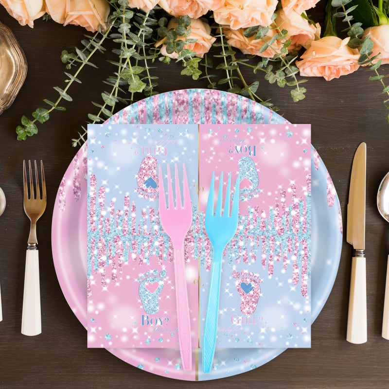 KFJBPB 72 Pcs Gender Reveal Paper Plates and Napkins  Baby Shower Decorations Pink or Blue Gender Reveal Party Plates and Napkins Tableware Set for Boy or Girl Party Serves 24 - Image 4