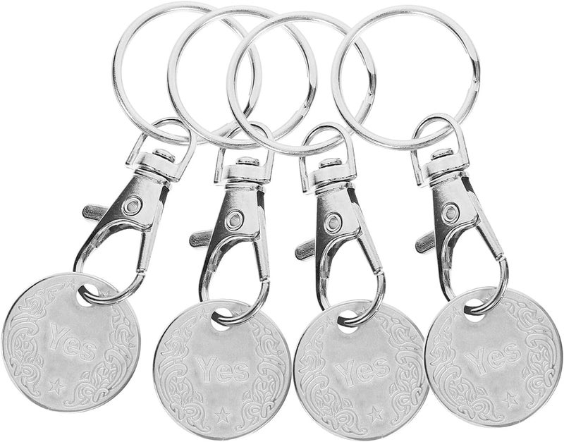 4 Pcs Stainless Steel Shopping Trolley Token Keyrings, Portable Small Cart Coin Keychain Pendant for Supermarket Grocery Cart Use, White - Image 1