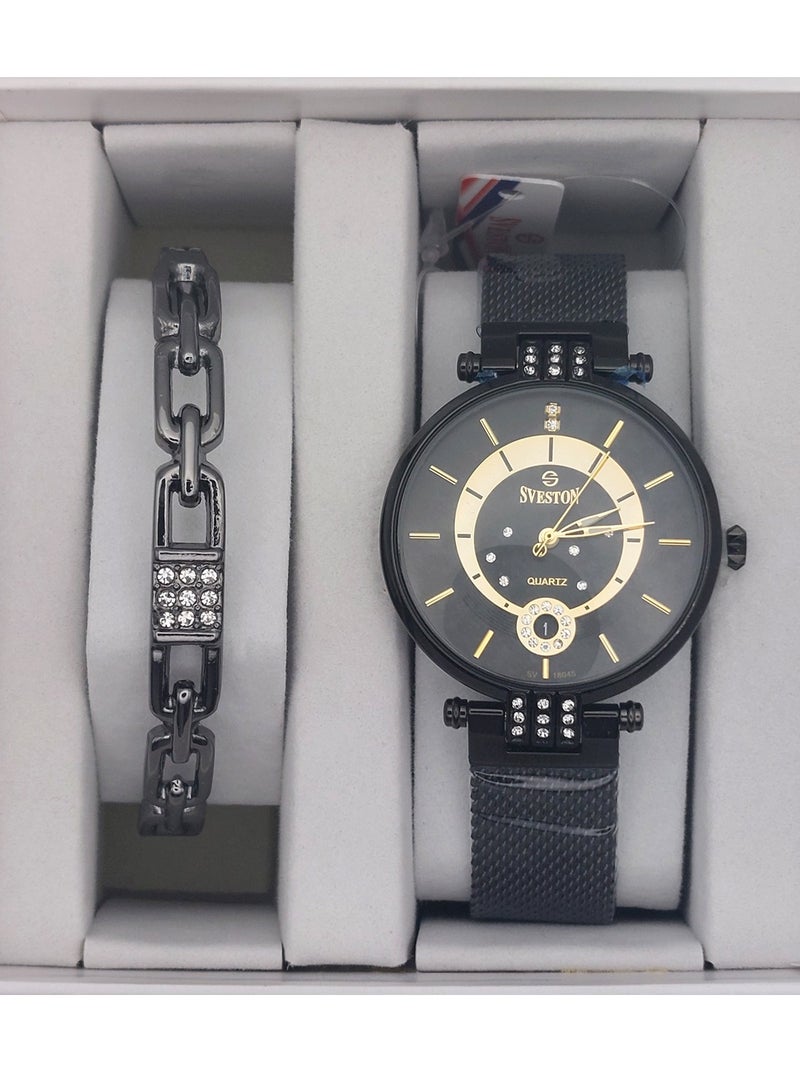Sveston Women's Analog Quartz Black Stainless Steel Band Set Watch SV 18045 - Image 1