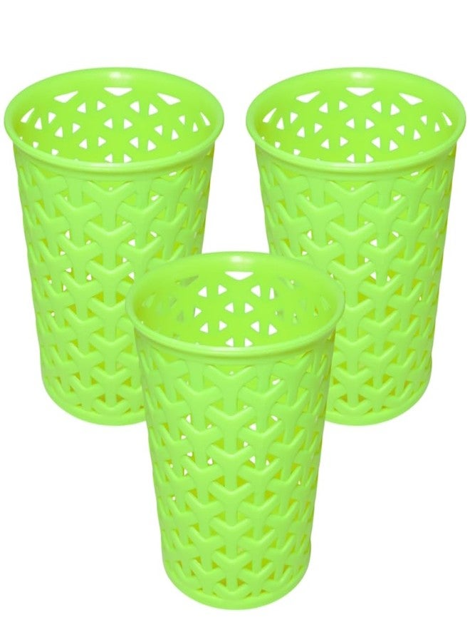 MORVI Linea Small Round Plastic Multipurpose Organizer For Kitchen, Bathroom, Salon, Office|Stationery,Cutlery,Pen,Makeup Brushes Holder|Hanging Toothbrush Stand |Pack Of 3 | GREEN - Image 1