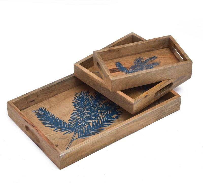 OGGN Blue Leaf Printed Wooden Serving Tray Set of 3 Handmade Wood Platter with Handles Tea Breakfast Wood Plate Trays for Kitchen Dining Table Pack of 3 - Image 2