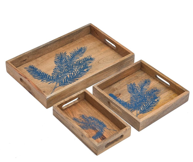 OGGN Blue Leaf Printed Wooden Serving Tray Set of 3 Handmade Wood Platter with Handles Tea Breakfast Wood Plate Trays for Kitchen Dining Table Pack of 3 - Image 5