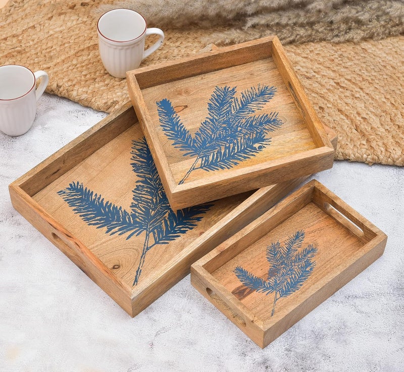 OGGN Blue Leaf Printed Wooden Serving Tray Set of 3 Handmade Wood Platter with Handles Tea Breakfast Wood Plate Trays for Kitchen Dining Table Pack of 3 - Image 1