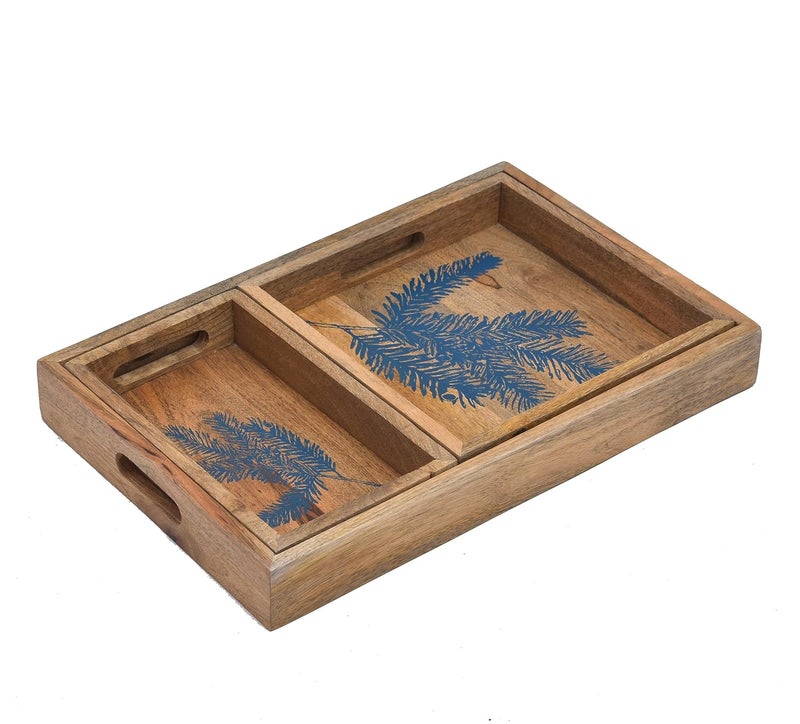OGGN Blue Leaf Printed Wooden Serving Tray Set of 3 Handmade Wood Platter with Handles Tea Breakfast Wood Plate Trays for Kitchen Dining Table Pack of 3 - Image 3