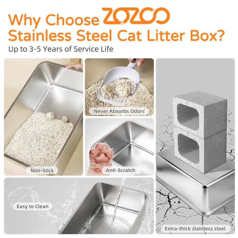 ZOZOO Stainless Steel Cat Litter Box with Lid, 23.7" L x 15.8" W x 13.8" H XL Metal Kitty Litter Box for Big Cats, High Sided Enclosure, Non-Sticky, Anti Urine Leakage, Easy Cleaning - Image 4