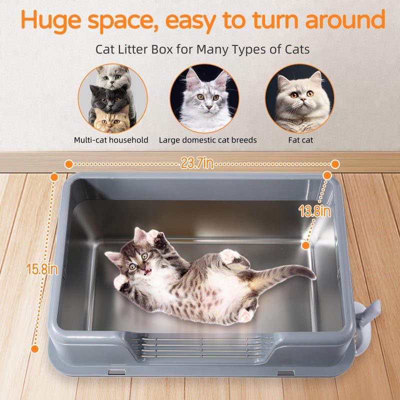 ZOZOO Stainless Steel Cat Litter Box with Lid, 23.7" L x 15.8" W x 13.8" H XL Metal Kitty Litter Box for Big Cats, High Sided Enclosure, Non-Sticky, Anti Urine Leakage, Easy Cleaning - Image 2