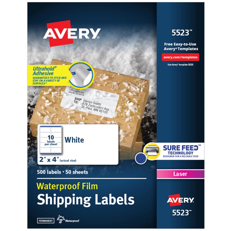 Avery Waterproof Labels with UltraHold Permanent Adhesive, 2" x 4", 500 Labels for Laser Printers (5523) - Image 1