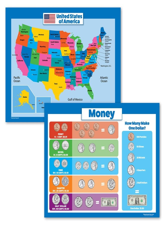 Palace Learning 2 Pack - USA Map for Kids & Money Poster Set - United States Wall Chart - Money Poster (LAMINATED, 18" x 24") - Image 1