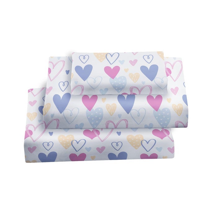 KIDS BED SHEET SET TWIN SIZE 15 INCHES DEEP POCKET MICROFIBER FITTED SHEET BREATHABLE SILKY SOFT FEELING 3 PCS LOVE HEART TWIN BED SHEET