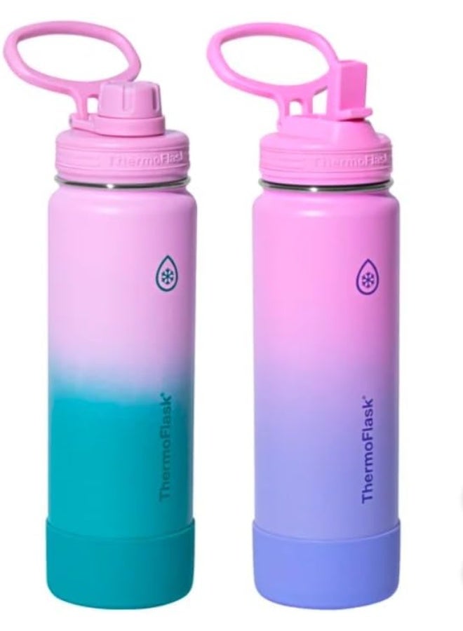 ثيرمو فلاسك زجاجة من الفولاذ المقاوم للصدأ معزولة بتفريغ الهواء بجدار مزدوج، لون متدرج من الوردي إلى البنفسجي والفيروزي، سعة 710 مل (24 أونصة)، طقم من قطعتين - Image 1