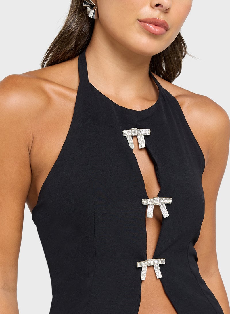 Ginger Halter Neck Top With Diamante Bow Detail - Image 3