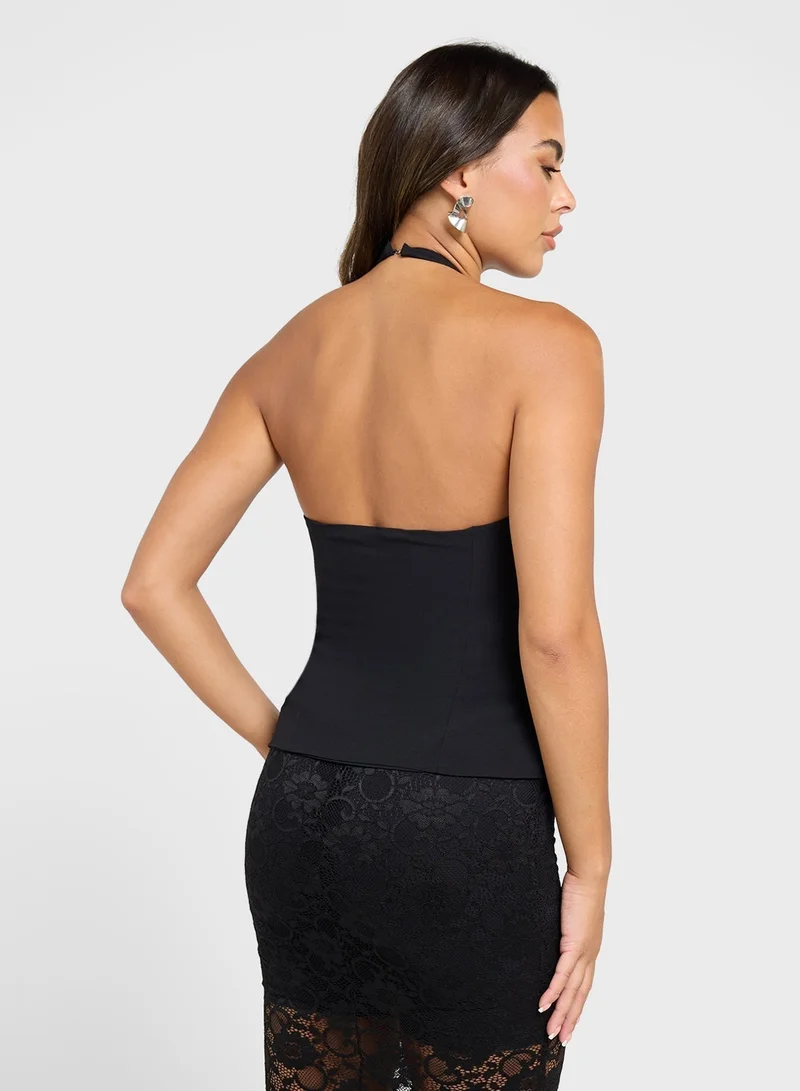 Ginger Halter Neck Top With Diamante Bow Detail