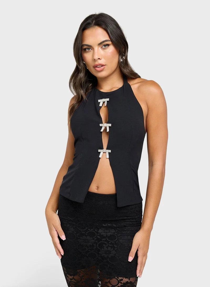 Ginger Halter Neck Top With Diamante Bow Detail