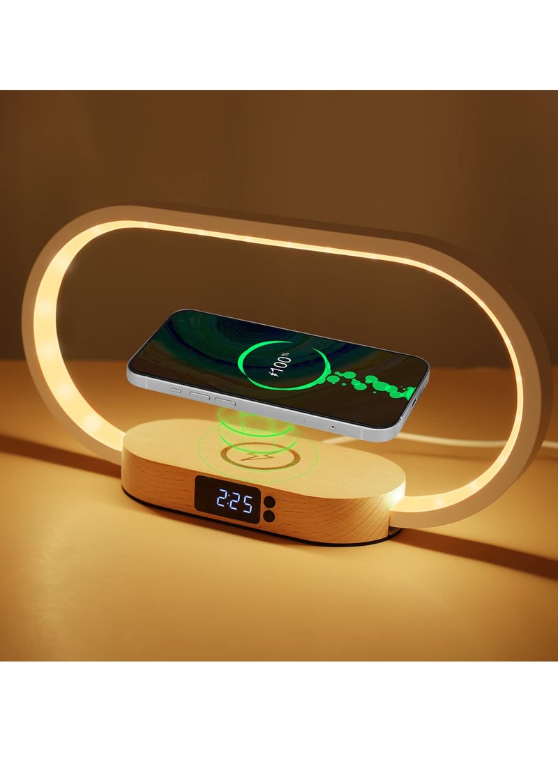 SYOSI Bedside Lamp with Wireless Charger, LED Desk Lamp with USB Port, Touch Control Table Lamp with Clock, Ideal for Bedroom Nightstand, Dimmable and 3 Colors Temperatures, Modern Home Office Decor  - Image 1