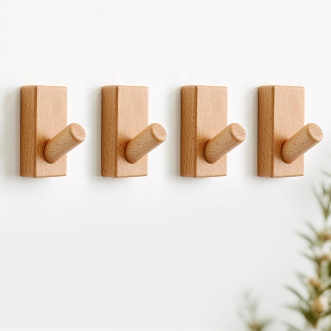 BEECH WOOD WALL HOOKS 4 PACK COAT HOOKS WALL MOUNTED NATURAL WOODEN COAT HOOKS HAT RACK FOR HANGING TOWELS CLOTHES BAGS BATHROOM ENTRYWAY HEAVY DUTY HANGERS