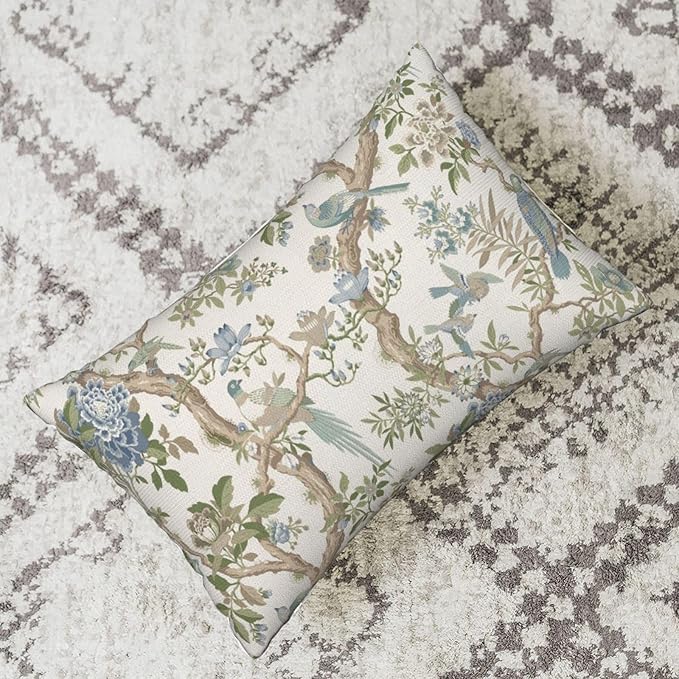 DAFENA Sage Green Blue Pillow Covers 12x20 Inch 2 Pcs Spring Floral Bird Chinoiserie Decor Throw Pillows Vintage Flower Seasonal Outdoor Decoration Lumbar Pillowcase Linen Cushion Cover for Couch Sofa - Image 5