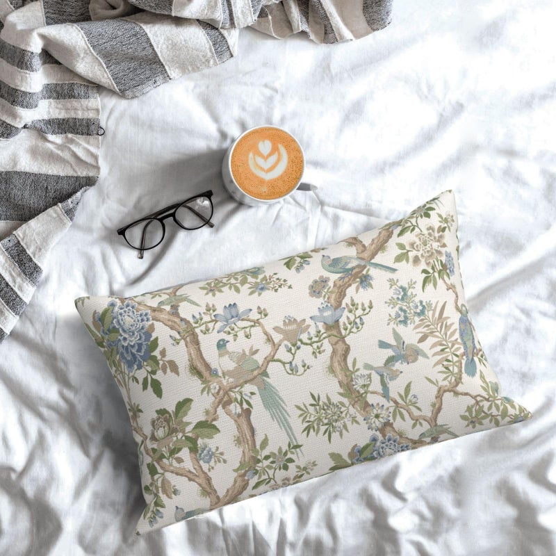 DAFENA Sage Green Blue Pillow Covers 12x20 Inch 2 Pcs Spring Floral Bird Chinoiserie Decor Throw Pillows Vintage Flower Seasonal Outdoor Decoration Lumbar Pillowcase Linen Cushion Cover for Couch Sofa - Image 3