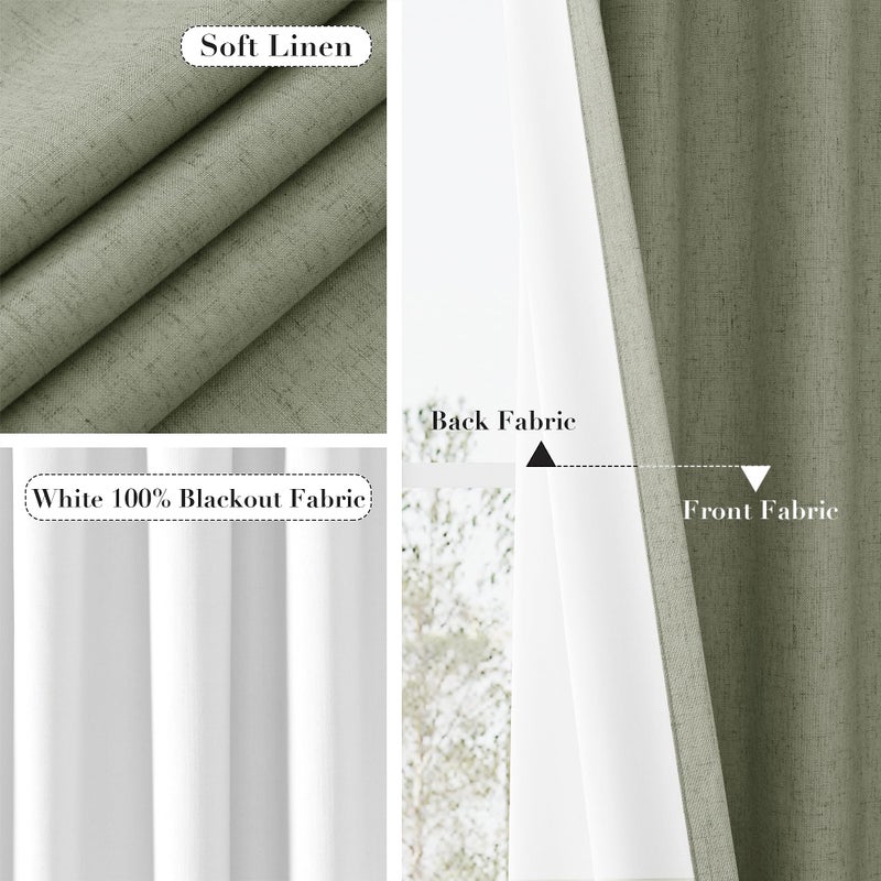 Joywell Linen 100% Blackout Curtains 96 Inches Length Long Back Tab Hook Belt Thermal Insulated Total Light Blocking Noise Cancelling Pinch Pleated Drapes for Bedroom(2 Panels 52 x 96 Sage Green) - Image 5