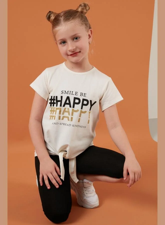 Lela Lela Cotton Printed Tie Detailed Crew Neck T-Shirt Girl's T-SHIRT 6211018