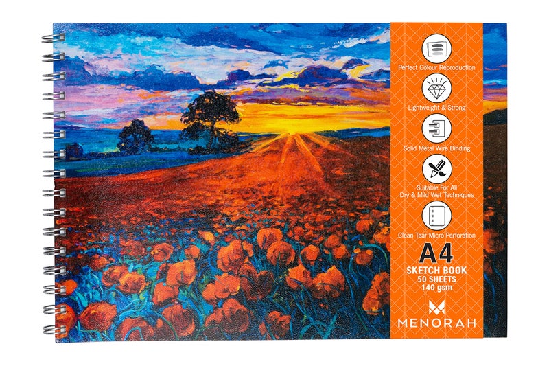MENORAH - A4 Sketch Book - 140 GSM | (100 Pages/50 Sheets) | Metal Wire-O Bound Sketchbooks for Artists | Drawing Books - (21.0 X 29.7 Cm)- Poppy Field Design - Image 1