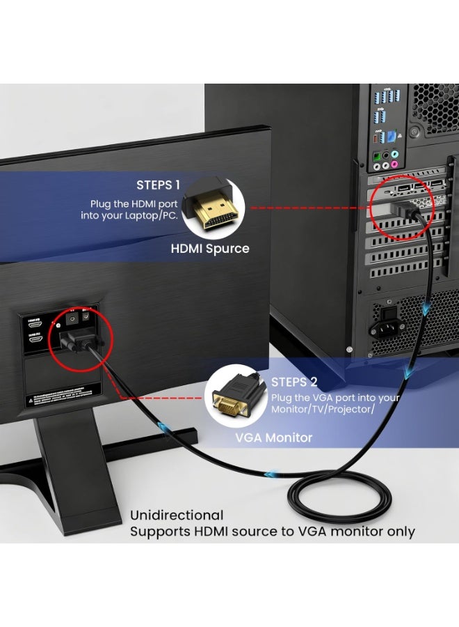 ​كابل كونف كابل HDMI إلى VGA بطول 1.8 متر بتحويل فيديو رقمي إلى تناظري بدقة 1080 بكسل موصل ذكر إلى ذكر مقاوم للتآكل مع موصلات مطلية بالذهب للاستخدام اليومي وأجهزة الكمبيوتر المحمولة وأجهزة العرض والشاشات المنزلية والمكتبية - Image 5