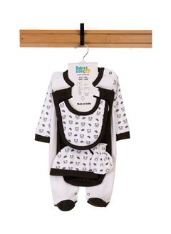Babies Basic 5 Piece Unisex 100% Cotton Gift Set Include Bib, Romper, Mittens, Cap And Sleepsuit/Jumpsuit- Sleepy Panda  - Image 1