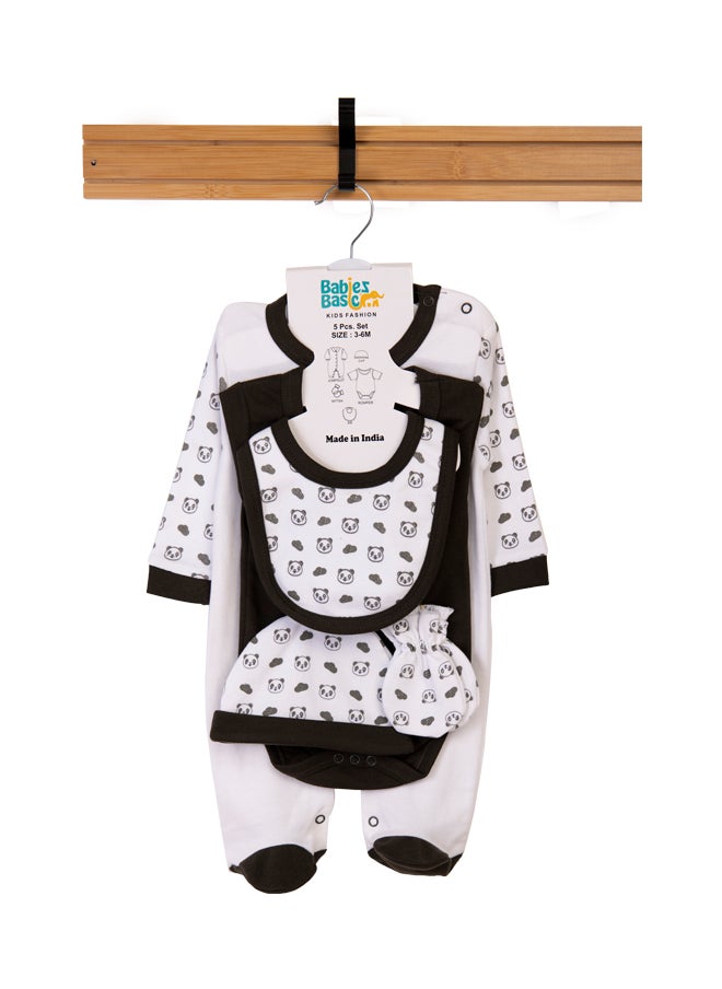 Babies Basic 5 Piece Unisex 100% Cotton Gift Set Include Bib, Romper, Mittens, Cap And Sleepsuit/Jumpsuit- Sleepy Panda  - Image 1