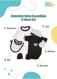 Babies Basic 5 Piece Unisex 100% Cotton Gift Set Include Bib, Romper, Mittens, Cap And Sleepsuit/Jumpsuit- Sleepy Panda  - Image 2