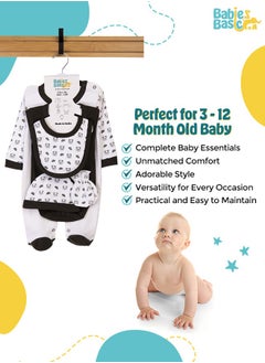 Babies Basic 5 Piece Unisex 100% Cotton Gift Set Include Bib, Romper, Mittens, Cap And Sleepsuit/Jumpsuit- Sleepy Panda  - Image 3