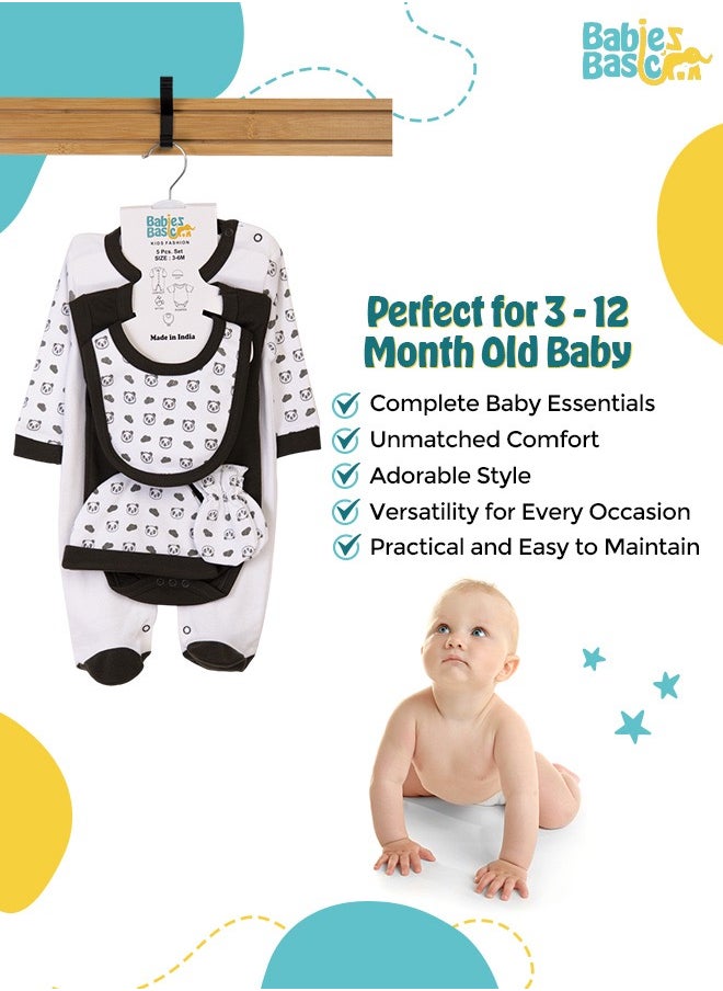 Babies Basic 5 Piece Unisex 100% Cotton Gift Set Include Bib, Romper, Mittens, Cap And Sleepsuit/Jumpsuit- Sleepy Panda  - Image 3