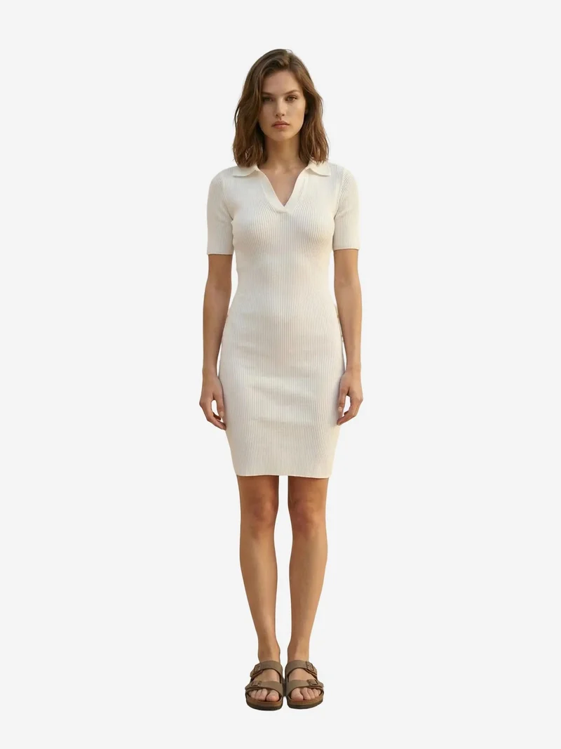 My Fashion White MY FASHION Ribbed Polo Collar Midi Dress for Women | Best Price UAE