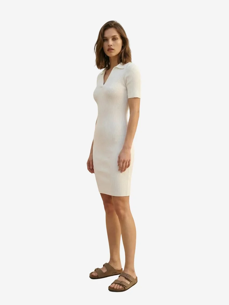 My Fashion White MY FASHION Ribbed Polo Collar Midi Dress for Women | Best Price UAE