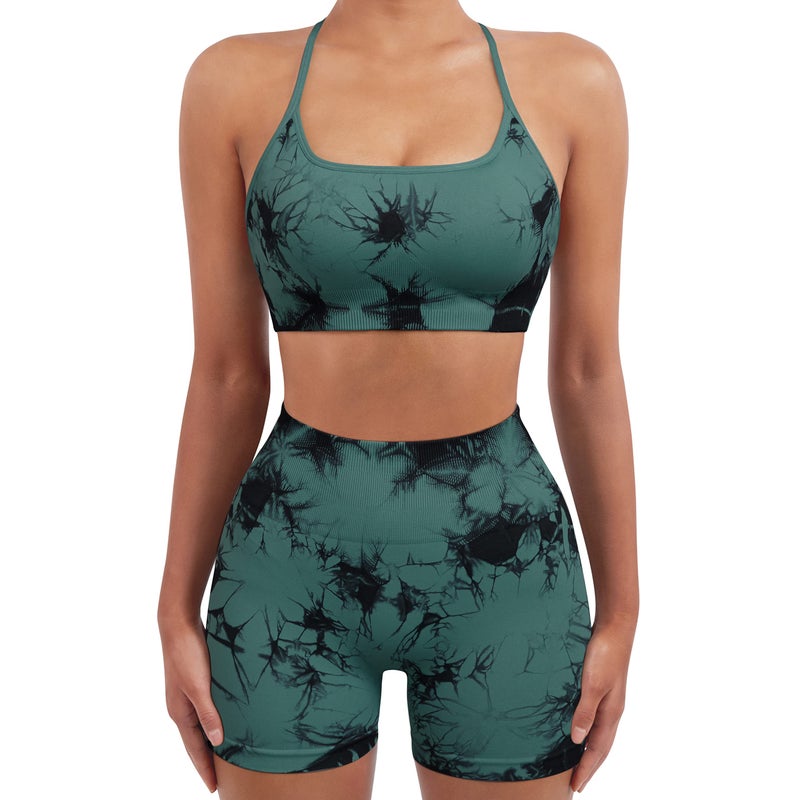 SUUKSESS Women Seamless 2 piece Workout Sets Strappy Padded Sports Bra Booty High Waisted Shorts Outfits (Deep Green Tie Dye,L) - Image 2