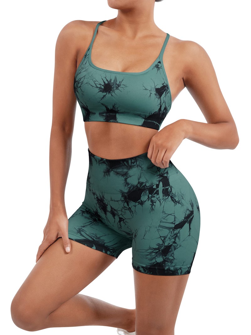 SUUKSESS Women Seamless 2 piece Workout Sets Strappy Padded Sports Bra Booty High Waisted Shorts Outfits (Deep Green Tie Dye,L) - Image 4