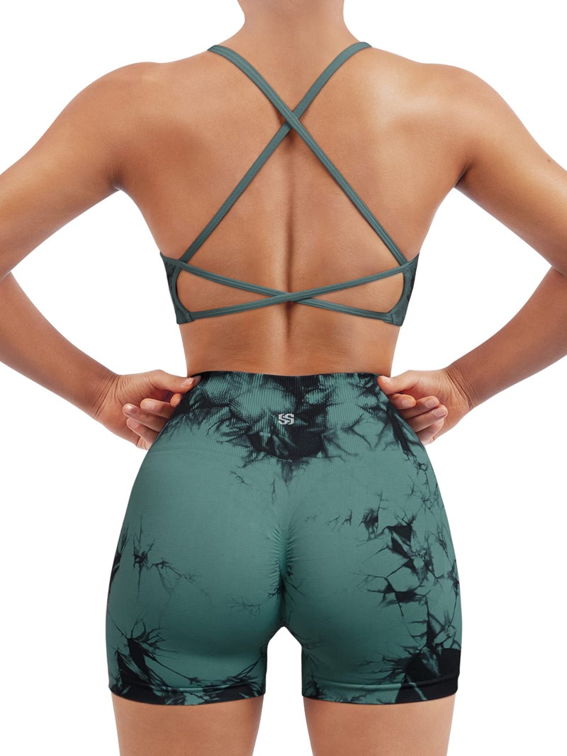 SUUKSESS Women Seamless 2 piece Workout Sets Strappy Padded Sports Bra Booty High Waisted Shorts Outfits (Deep Green Tie Dye,L) - Image 1