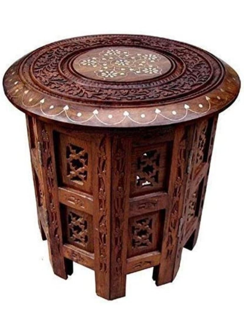 QUESERA Antique Coffee Table Round Boho End Furniture Carved Room Wooden Side Indian Decor  - Image 1