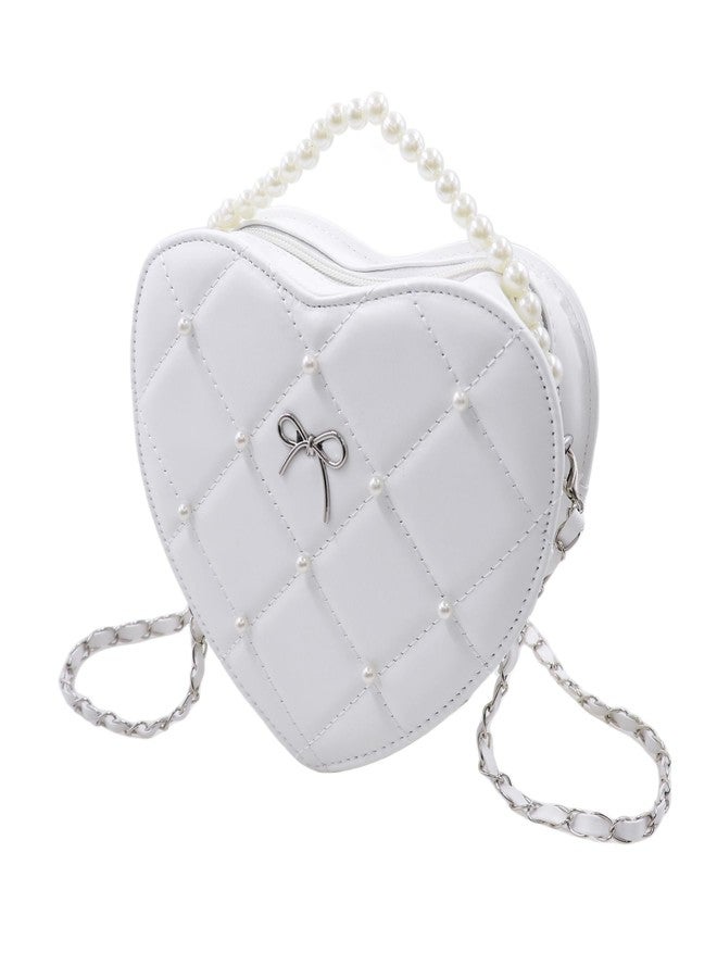 Amamcy Heart Shape Purse for Women Quilted Crossbody Bag with Pearl Handle Leather Handbag Hearted Crossbody with Chain Strap - Image 2