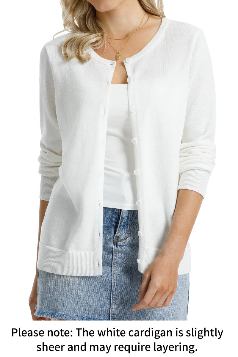 QUALFORT Women's White Cardigan Sweaters Crewneck 100% Cotton Relaxed Fit Lightweight Button Down Outerwear Off White Small - Image 3