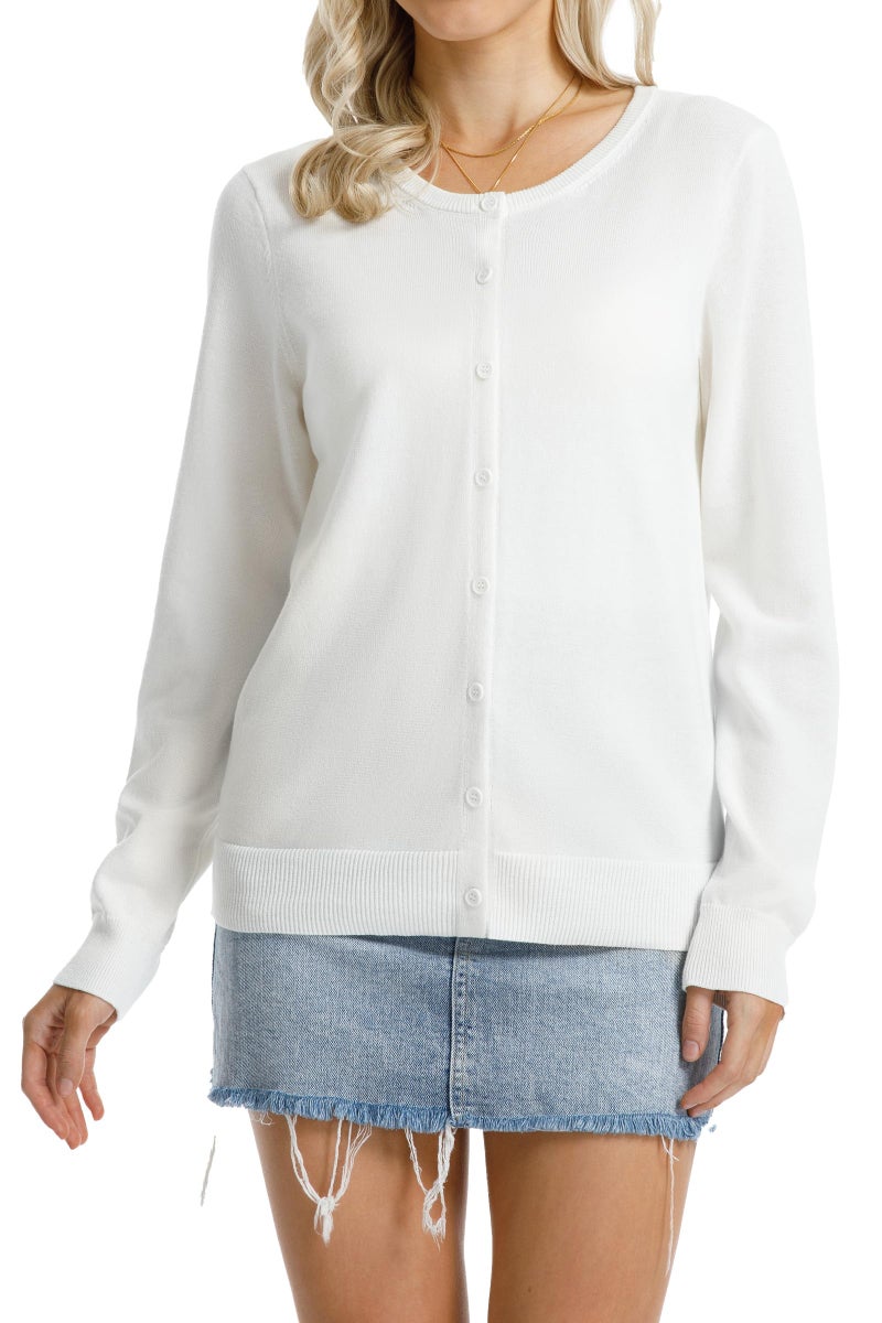 QUALFORT Women's White Cardigan Sweaters Crewneck 100% Cotton Relaxed Fit Lightweight Button Down Outerwear Off White Small - Image 5