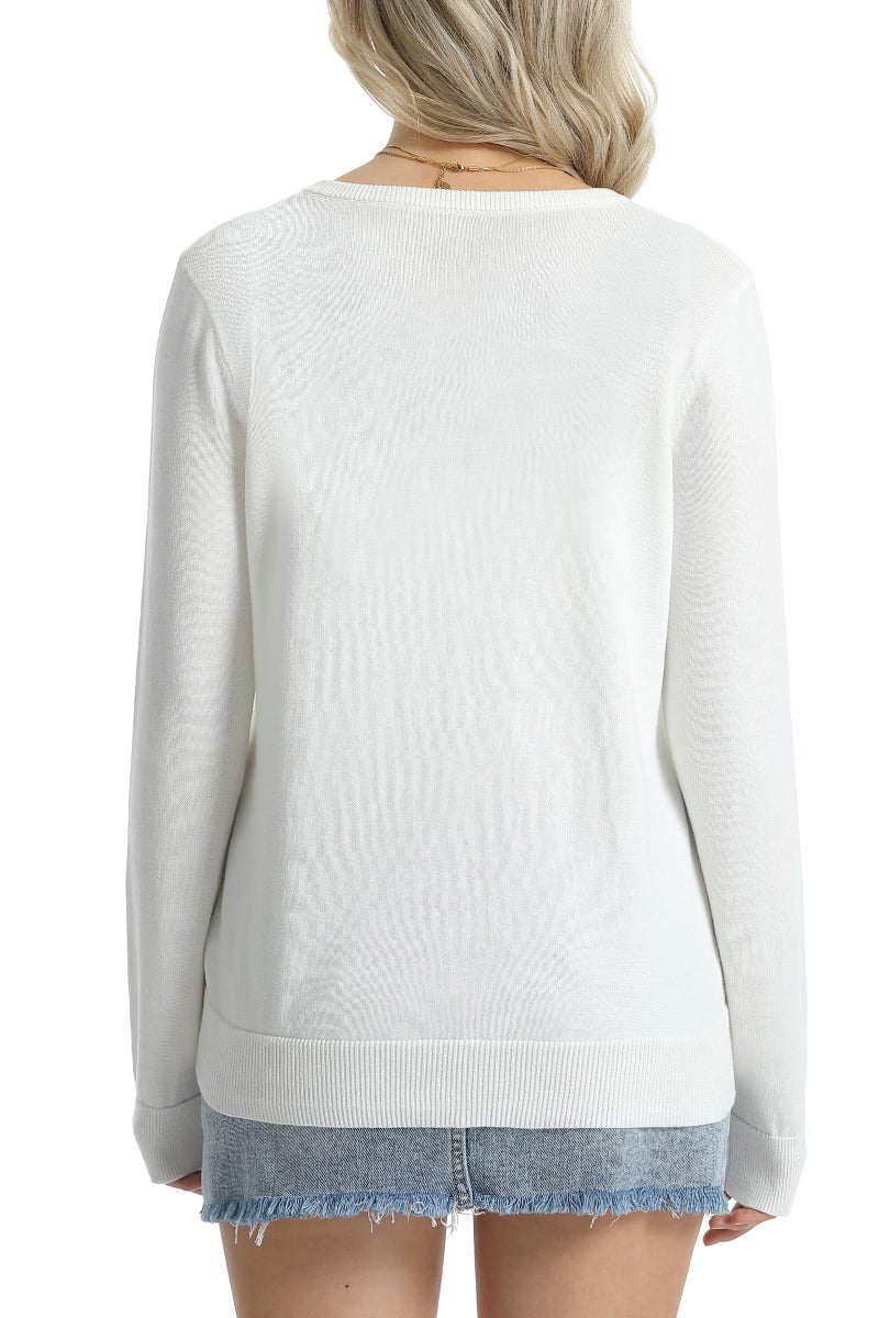 QUALFORT Women's White Cardigan Sweaters Crewneck 100% Cotton Relaxed Fit Lightweight Button Down Outerwear Off White Small - Image 2