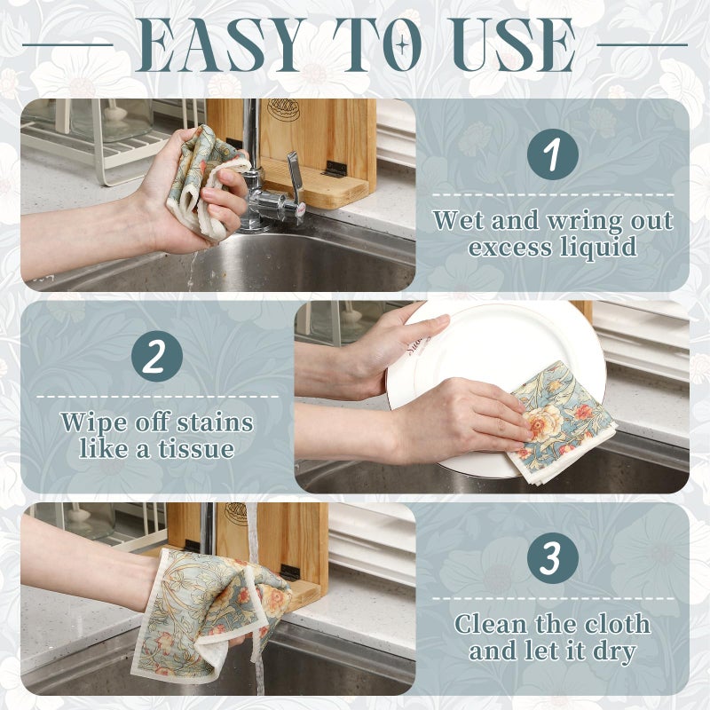 Tegeme 8 Pcs William Morris Swedish Dishcloth Kitchen Vintage Floral Dish Towels Blue Green Flower Kitchen Dish Cloth Washable Absorbent Cotton Towels for Spring Summer Housewarming Gift, 6.8 x 7.7'' - Image 4