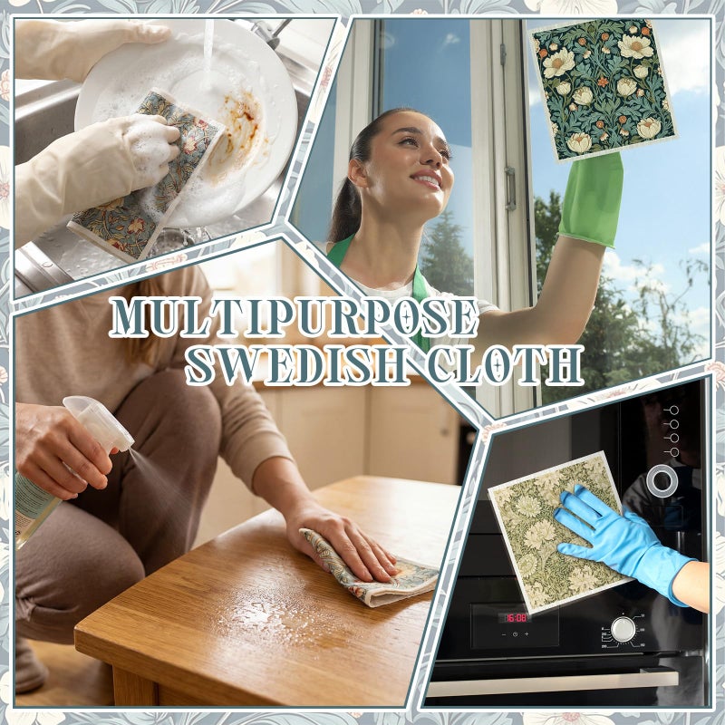 Tegeme 8 Pcs William Morris Swedish Dishcloth Kitchen Vintage Floral Dish Towels Blue Green Flower Kitchen Dish Cloth Washable Absorbent Cotton Towels for Spring Summer Housewarming Gift, 6.8 x 7.7'' - Image 5