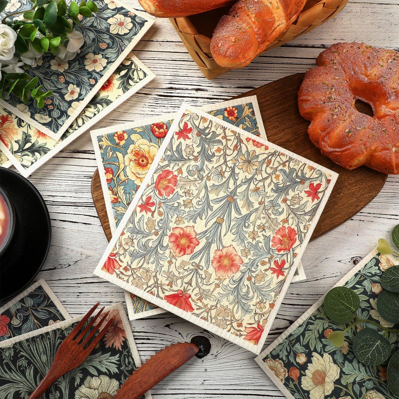 Tegeme 8 Pcs William Morris Swedish Dishcloth Kitchen Vintage Floral Dish Towels Blue Green Flower Kitchen Dish Cloth Washable Absorbent Cotton Towels for Spring Summer Housewarming Gift, 6.8 x 7.7'' - Image 3