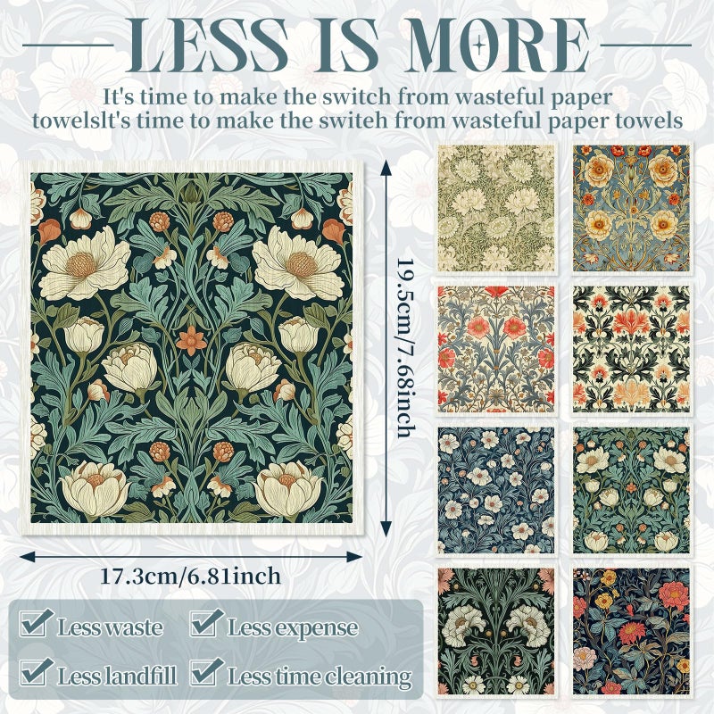 Tegeme 8 Pcs William Morris Swedish Dishcloth Kitchen Vintage Floral Dish Towels Blue Green Flower Kitchen Dish Cloth Washable Absorbent Cotton Towels for Spring Summer Housewarming Gift, 6.8 x 7.7'' - Image 2