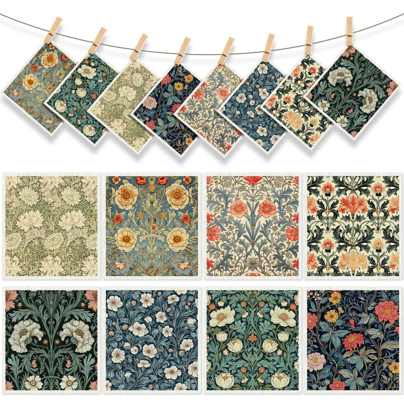 Tegeme 8 Pcs William Morris Swedish Dishcloth Kitchen Vintage Floral Dish Towels Blue Green Flower Kitchen Dish Cloth Washable Absorbent Cotton Towels for Spring Summer Housewarming Gift, 6.8 x 7.7'' - Image 1